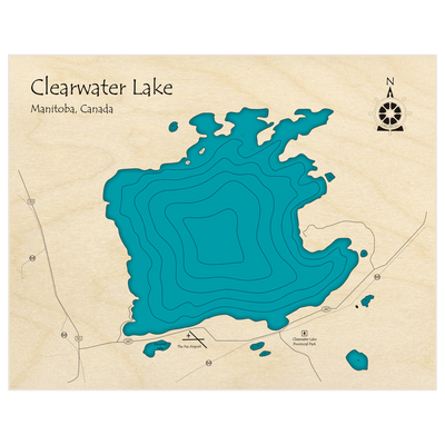 Bathymetric topo map of Clearwater Lake  with roads, towns and depths noted in blue water