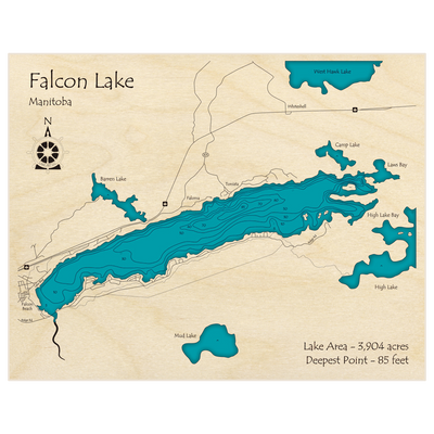 Bathymetric topo map of Falcon Lake with roads, towns and depths noted in blue water