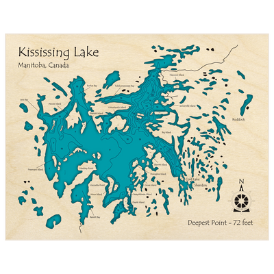 Bathymetric topo map of Kississing Lake with roads, towns and depths noted in blue water