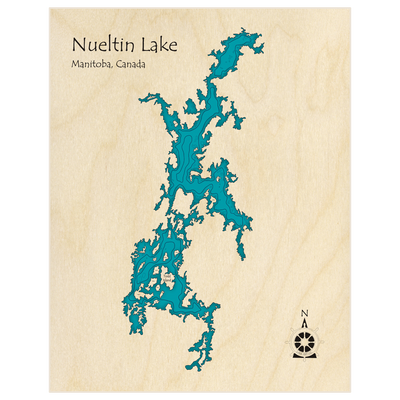 Bathymetric topo map of Nueltin Lake  with roads, towns and depths noted in blue water