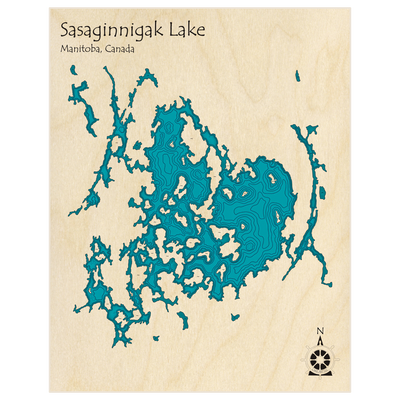 Bathymetric topo map of Sasaginnigak Lake with roads, towns and depths noted in blue water