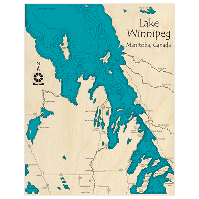 Bathymetric topo map of Lake Winnipeg (Zoomed in Reindeer Island to Black Island) with roads, towns and depths noted in blue water