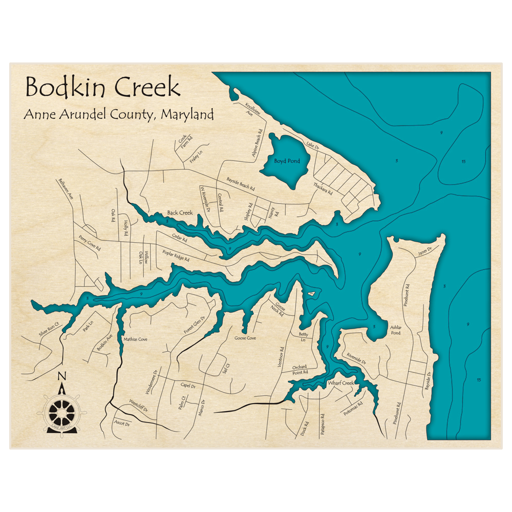 Bathymetric topo map of Bodkin Creek with roads, towns and depths noted in blue water