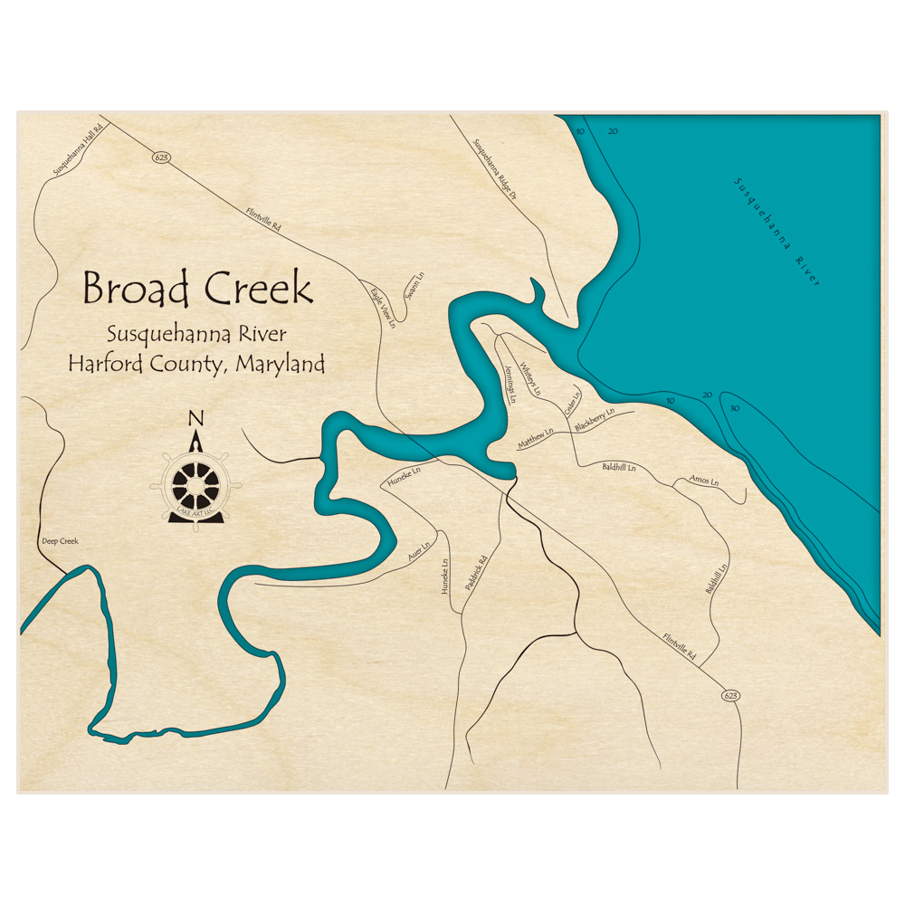 Bathymetric topo map of Broad Creek Area with roads, towns and depths noted in blue water