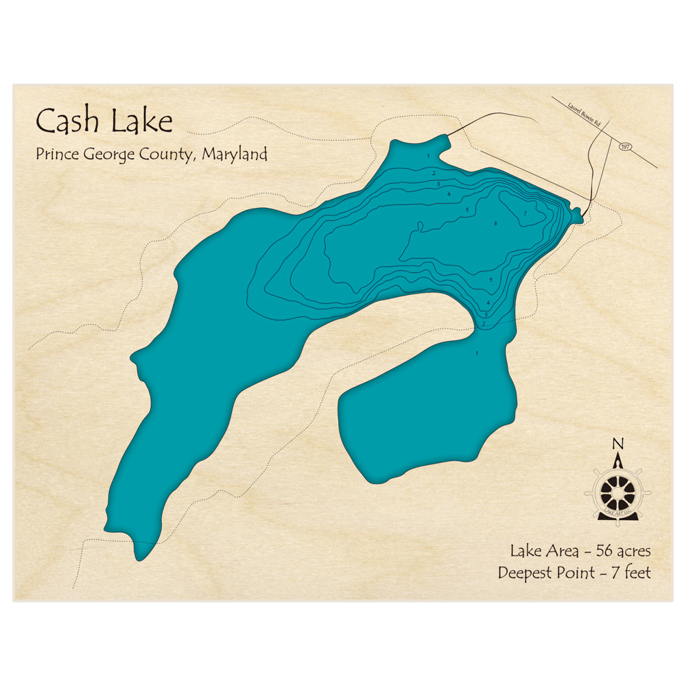 Bathymetric topo map of Cash Lake with roads, towns and depths noted in blue water