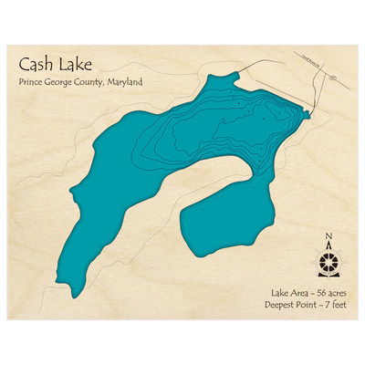 Bathymetric topo map of Cash Lake with roads, towns and depths noted in blue water