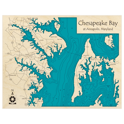 Bathymetric topo map of Chesapeake Bay (Annapolis Region) with roads, towns and depths noted in blue water