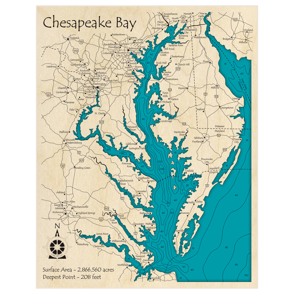 Bathymetric topo map of Chesapeake Bay with roads, towns and depths noted in blue water