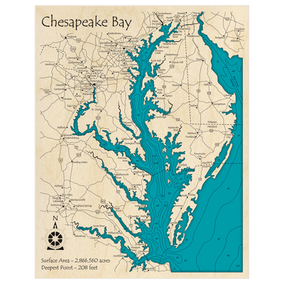 Bathymetric topo map of Chesapeake Bay with roads, towns and depths noted in blue water