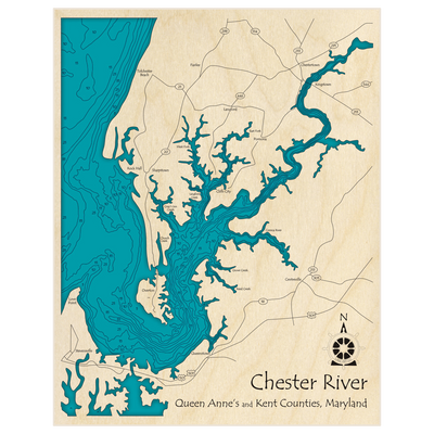 Bathymetric topo map of Chester River with roads, towns and depths noted in blue water