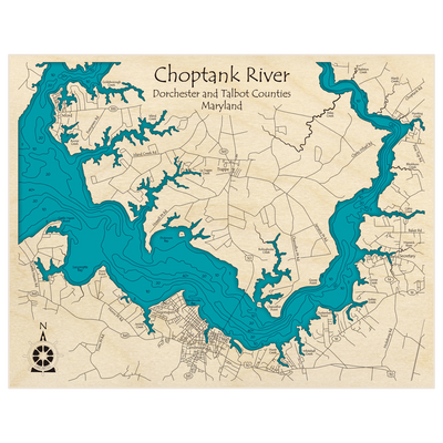 Bathymetric topo map of Choptank River (Oxford, Cambridge, Secretary) with roads, towns and depths noted in blue water