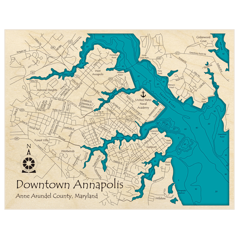 Bathymetric topo map of Downtown Annapolis with roads, towns and depths noted in blue water