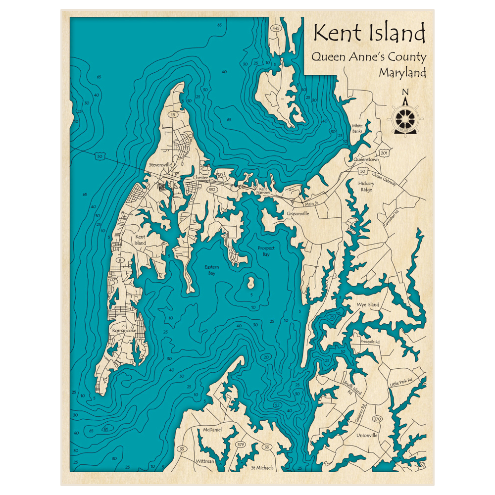 Bathymetric topo map of Kent Island with roads, towns and depths noted in blue water