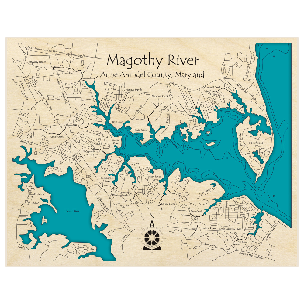 Bathymetric topo map of Magothy River with roads, towns and depths noted in blue water