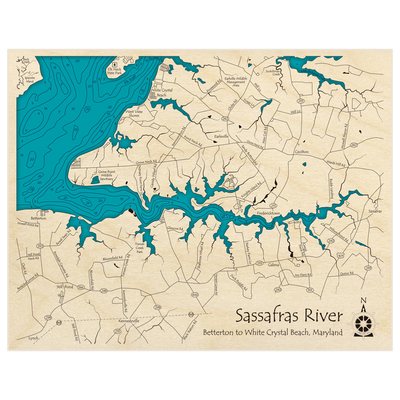 Bathymetric topo map of Chesapeake Bay (Section showing the Sassafras River) with roads, towns and depths noted in blue water