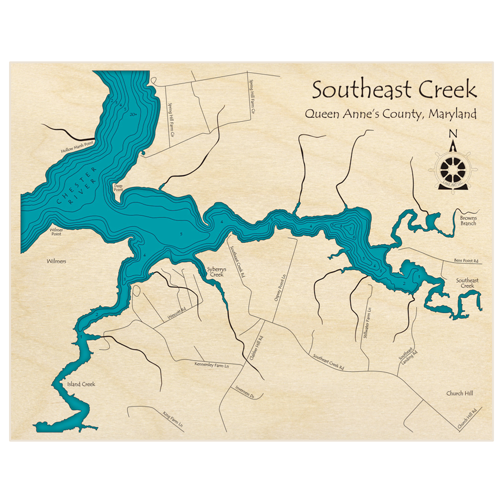 Bathymetric topo map of Southeast Creek with roads, towns and depths noted in blue water