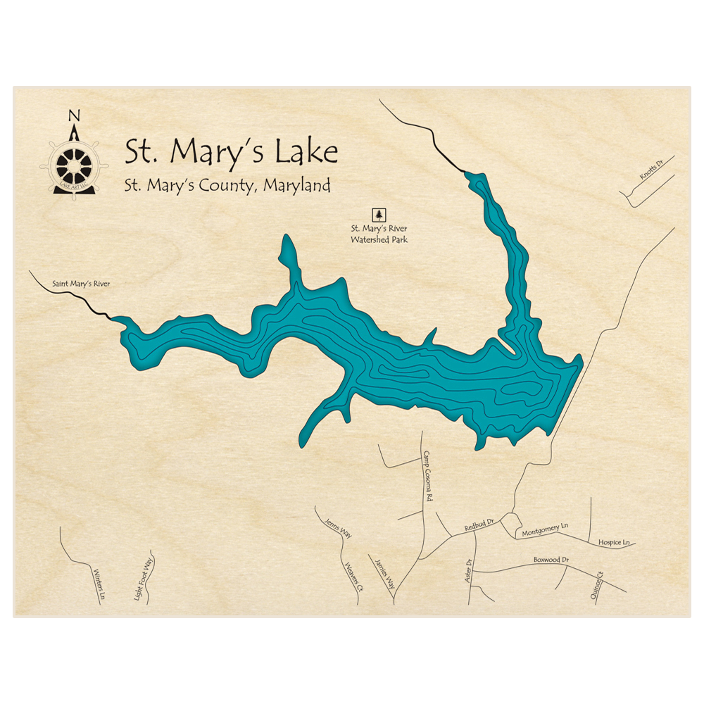 Bathymetric topo map of St Marys Lake  with roads, towns and depths noted in blue water