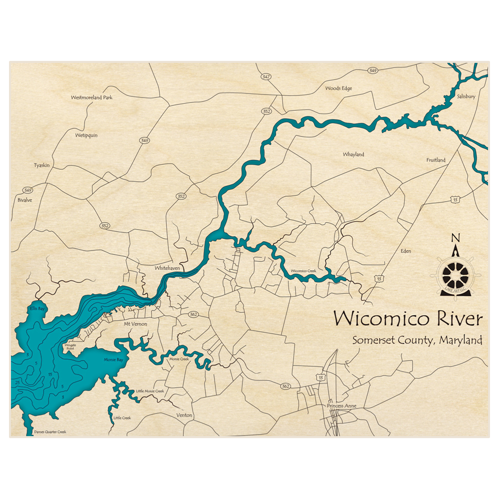 Bathymetric topo map of Wicomico River with roads, towns and depths noted in blue water