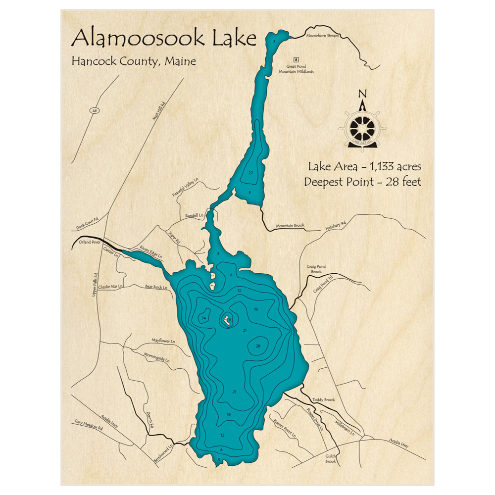 Bathymetric topo map of Lake Alamoosook with roads, towns and depths noted in blue water