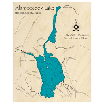 Bathymetric topo map of Lake Alamoosook with roads, towns and depths noted in blue water