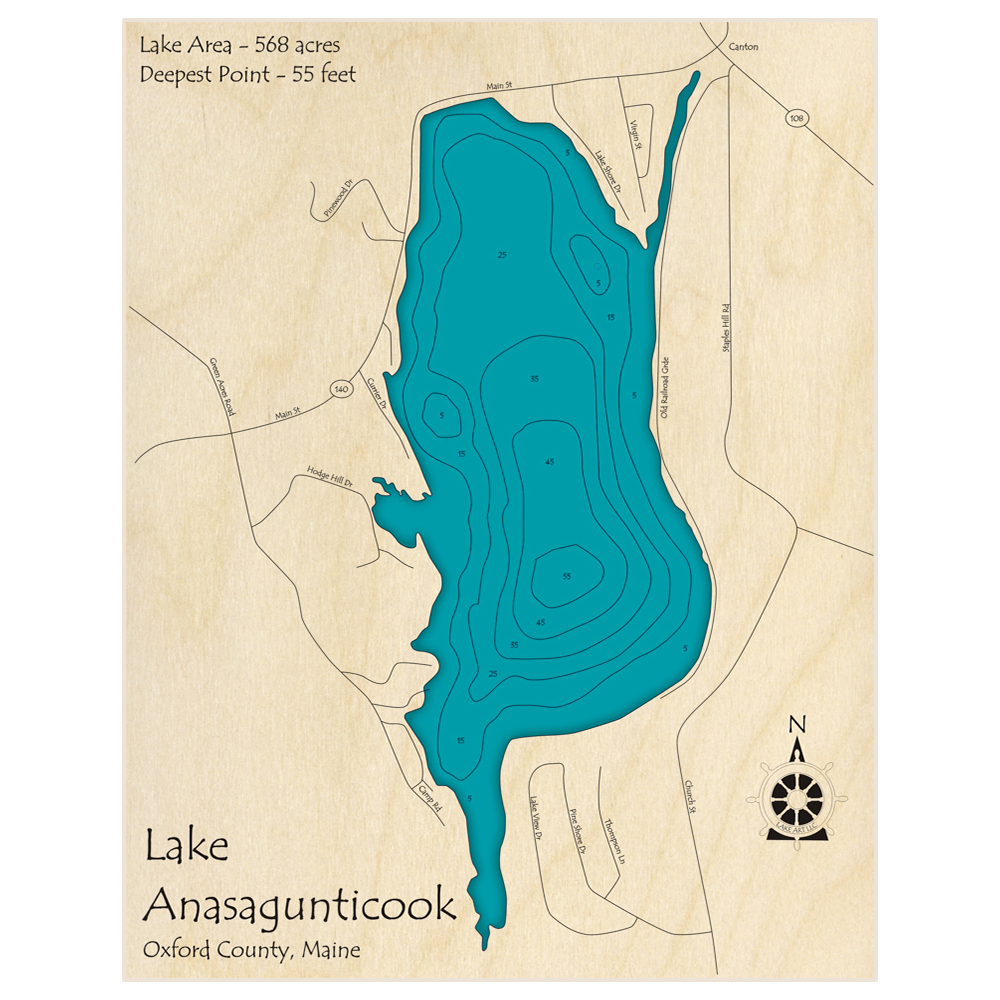 Bathymetric topo map of Lake Anasagunticook with roads, towns and depths noted in blue water