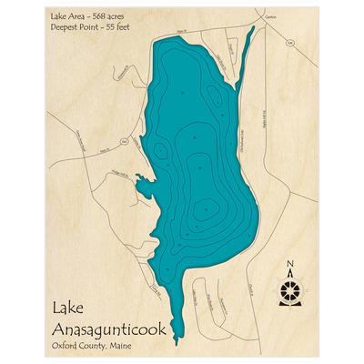 Bathymetric topo map of Lake Anasagunticook with roads, towns and depths noted in blue water