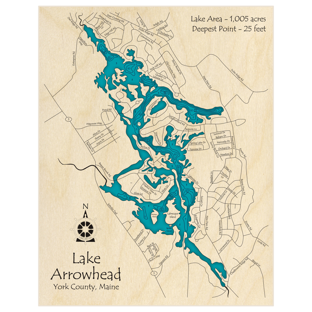 Bathymetric topo map of Lake Arrowhead with roads, towns and depths noted in blue water