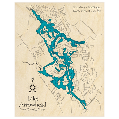 Bathymetric topo map of Lake Arrowhead with roads, towns and depths noted in blue water