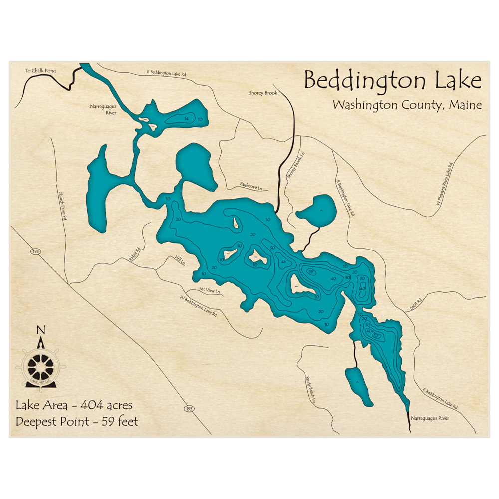 Bathymetric topo map of Beddington Lake with roads, towns and depths noted in blue water