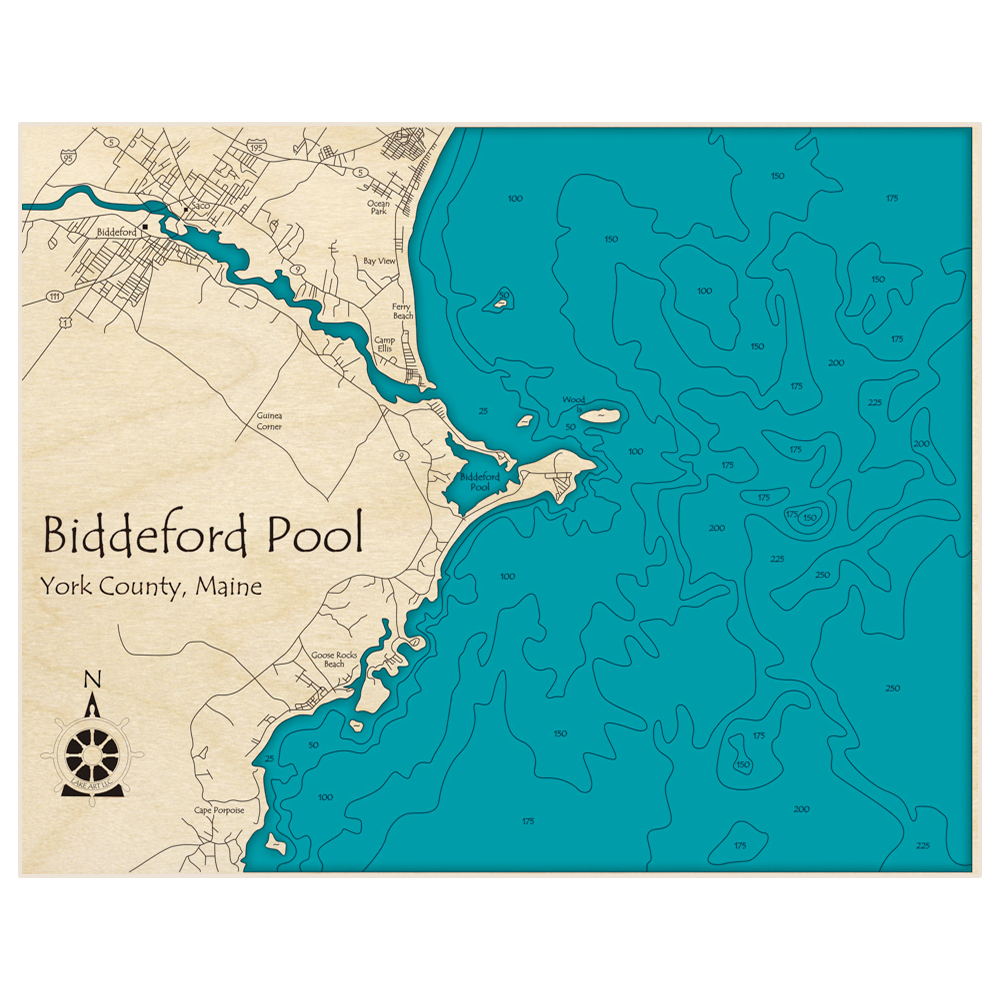 Bathymetric topo map of Biddeford Pool Region with roads, towns and depths noted in blue water