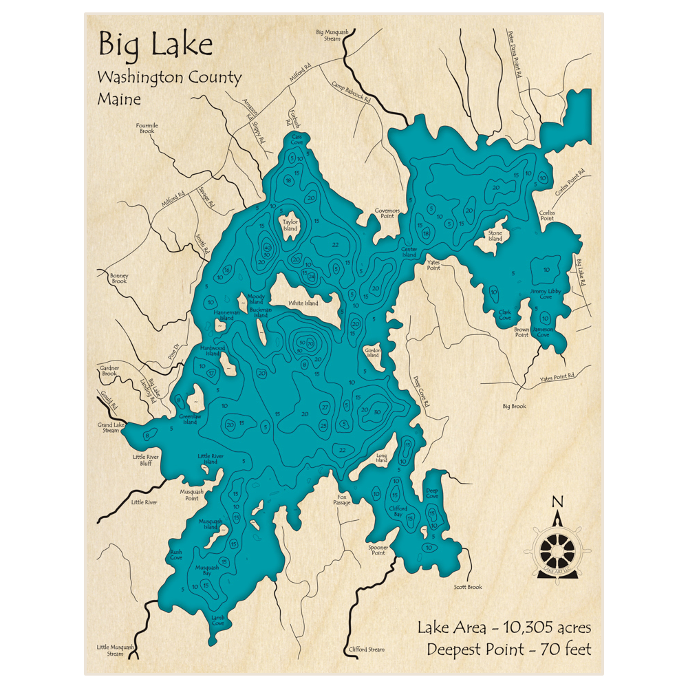 Bathymetric topo map of Big Lake with roads, towns and depths noted in blue water