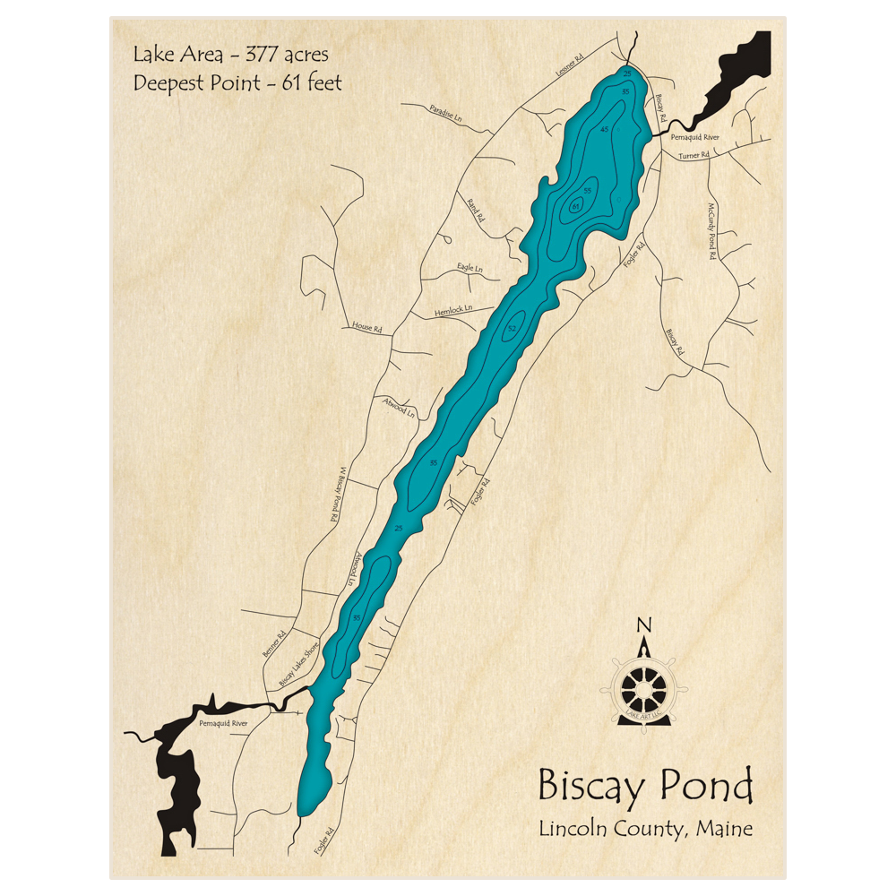 Bathymetric topo map of Biscay Pond with roads, towns and depths noted in blue water