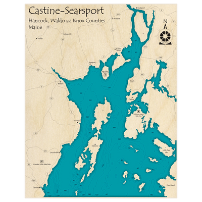 Bathymetric topo map of Castine and Searsport Region with roads, towns and depths noted in blue water