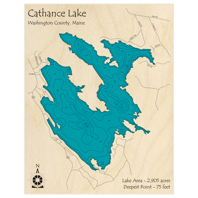 Bathymetric topo map of Cathance Lake with roads, towns and depths noted in blue water