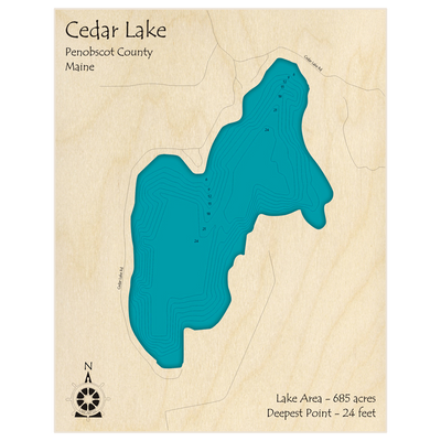 Bathymetric topo map of Cedar Lake with roads, towns and depths noted in blue water