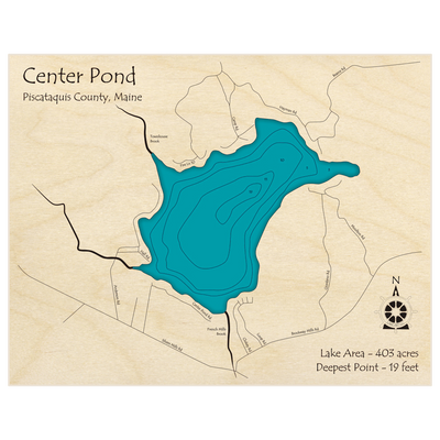 Bathymetric topo map of Center Pond with roads, towns and depths noted in blue water