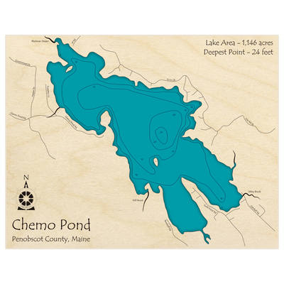 Bathymetric topo map of Chemo Pond with roads, towns and depths noted in blue water