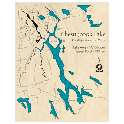 Bathymetric topo map of Chesuncook Lake with roads, towns and depths noted in blue water