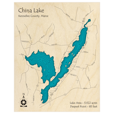 Bathymetric topo map of China Lake with roads, towns and depths noted in blue water