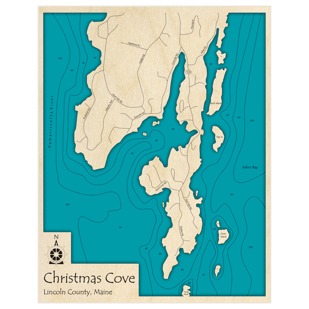 Bathymetric topo map of Christmas Cove with roads, towns and depths noted in blue water