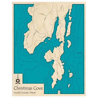 Bathymetric topo map of Christmas Cove with roads, towns and depths noted in blue water