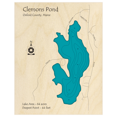 Bathymetric topo map of Clemons Pond with roads, towns and depths noted in blue water