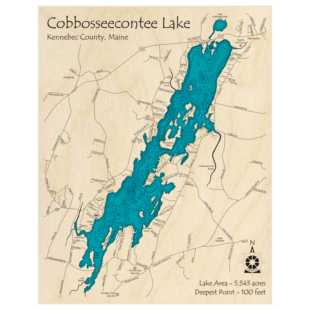 Bathymetric topo map of Lake Cobbosseecontee with roads, towns and depths noted in blue water