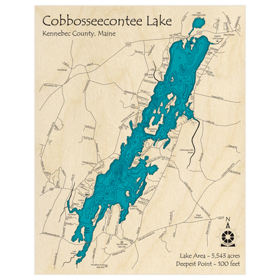 Bathymetric topo map of Lake Cobbosseecontee with roads, towns and depths noted in blue water