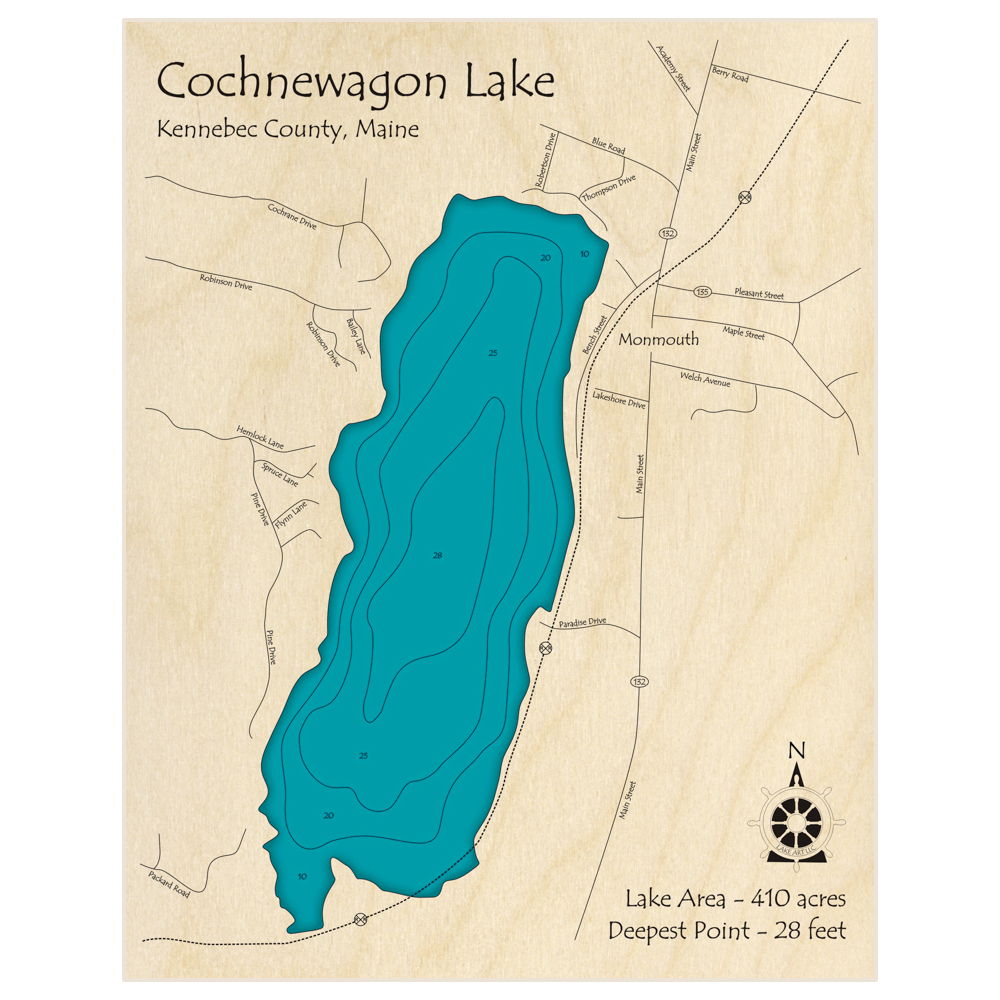 Bathymetric topo map of Cochnewagon Lake with roads, towns and depths noted in blue water