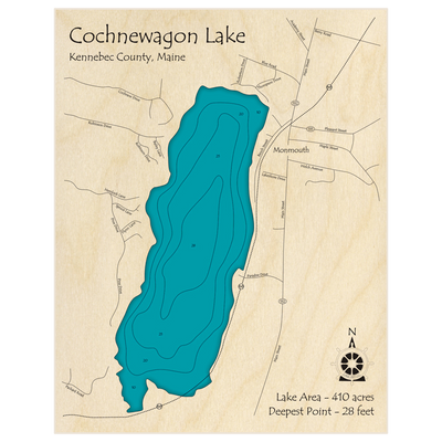 Bathymetric topo map of Cochnewagon Lake with roads, towns and depths noted in blue water