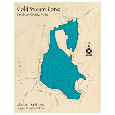 Bathymetric topo map of Cold Stream Pond with roads, towns and depths noted in blue water