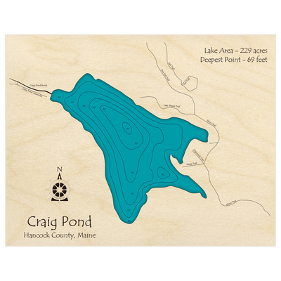 Bathymetric topo map of Craig Pond with roads, towns and depths noted in blue water