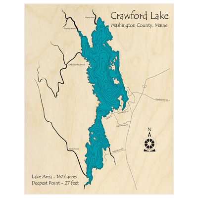 Bathymetric topo map of Crawford Lake with roads, towns and depths noted in blue water