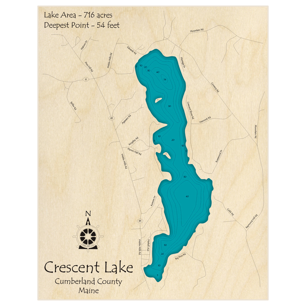 Bathymetric topo map of Crescent Lake with roads, towns and depths noted in blue water